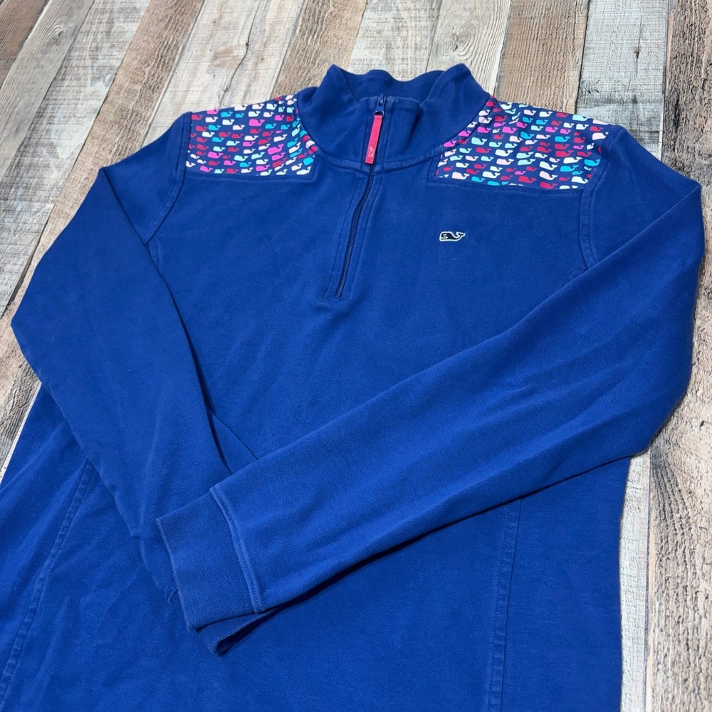 Vineyard Vines Quarter Zip Mens Medium Blue Whale Print Yoke Pullover Sweater